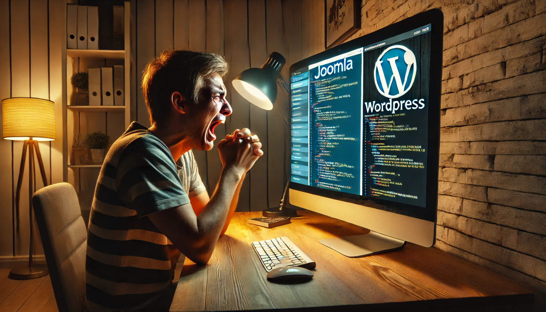 Un webmaster disperato che tenta di capire le differenze d'uso tra Wordpress e Joomla.